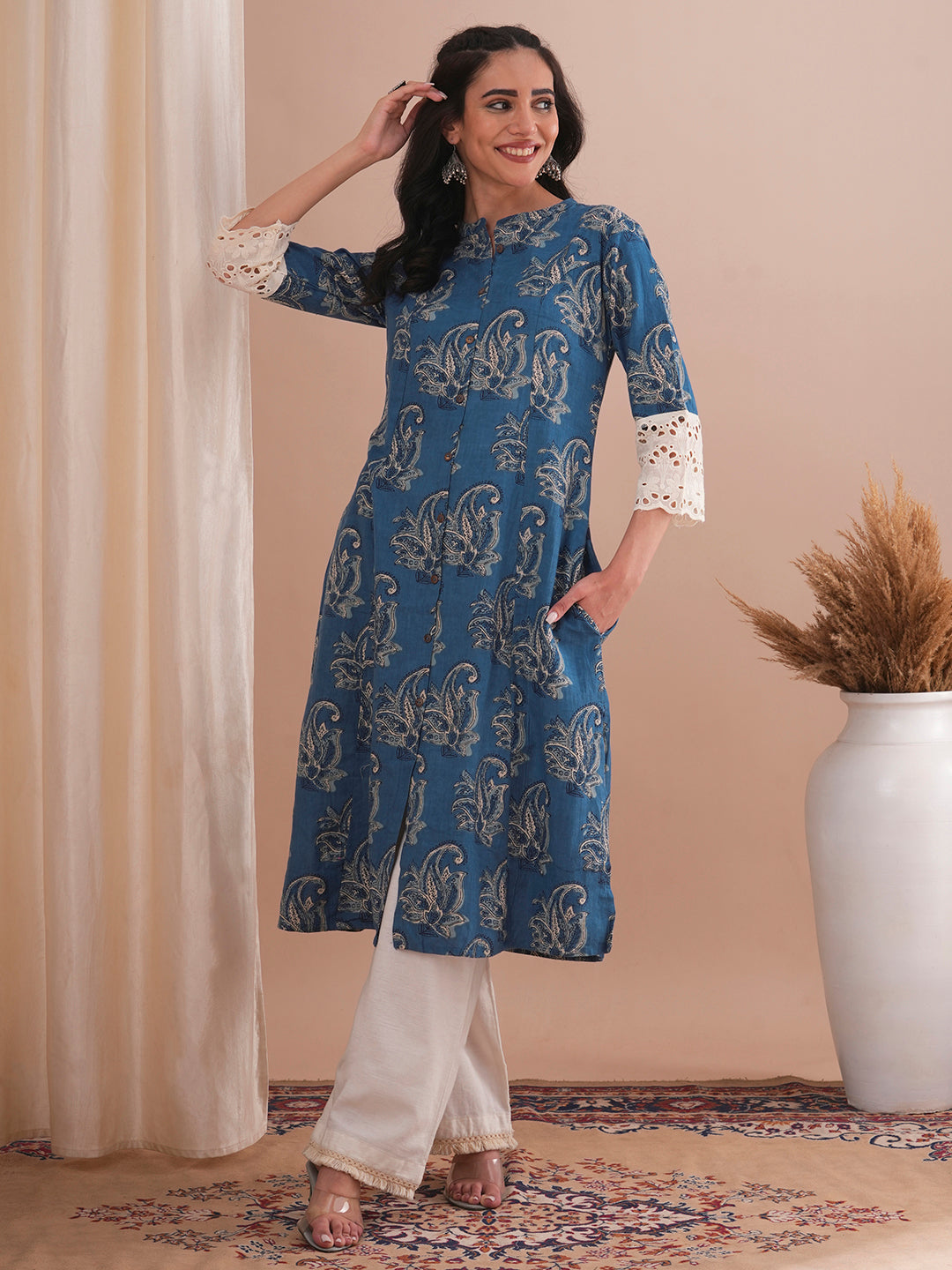 Ethnic Floral Printed A-Line Paneled Schiffli Patched Cotton Flax Kurta - Blue