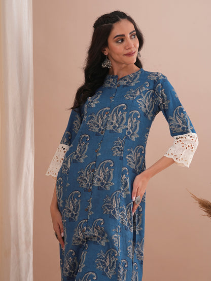 Ethnic Floral Printed A-Line Paneled Schiffli Patched Cotton Flax Kurta - Blue