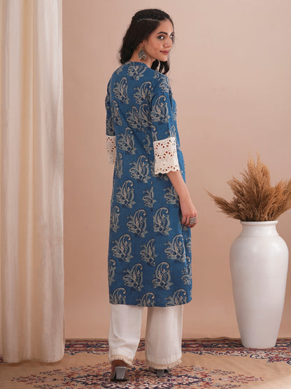 Ethnic Floral Printed A-Line Paneled Schiffli Patched Cotton Flax Kurta - Blue