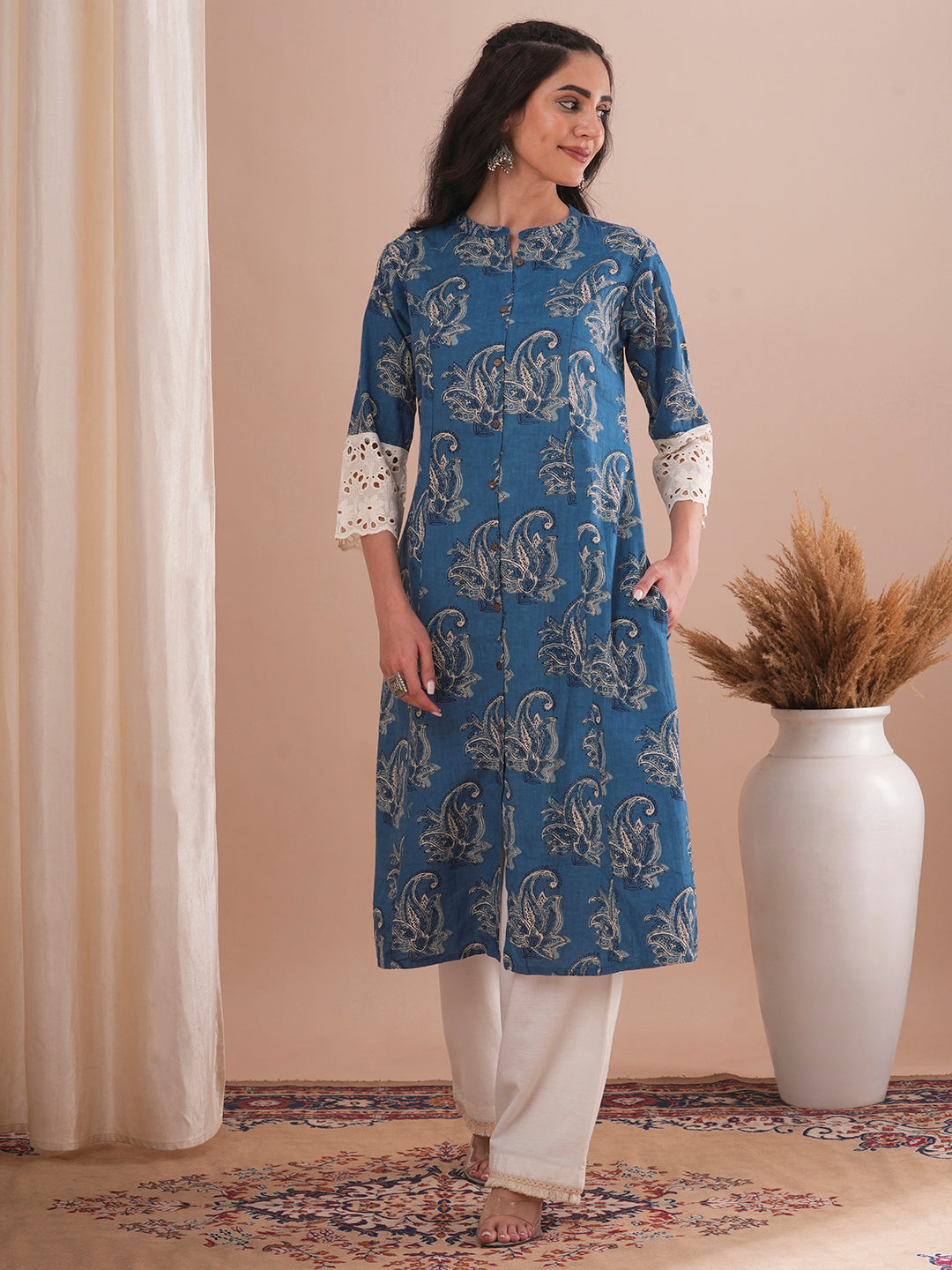 Ethnic Floral Printed A-Line Paneled Schiffli Patched Cotton Flax Kurta - Blue