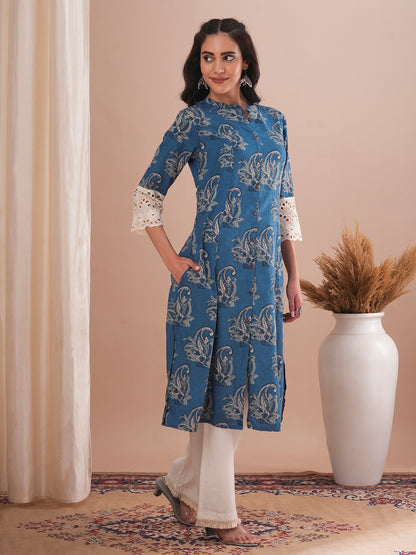 Ethnic Floral Printed A-Line Paneled Schiffli Patched Cotton Flax Kurta - Blue