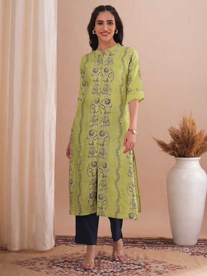 Ethnic Floral Printed Straight Fit Kurta - Green