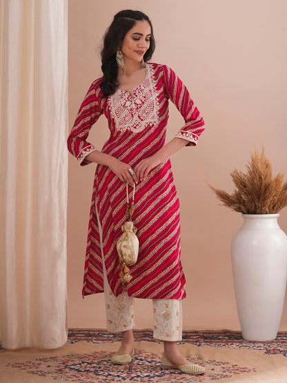 Ethnic Stripes Printed & Embroidered Straight Fit Kurta - Red