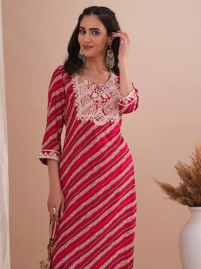 Ethnic Stripes Printed & Embroidered Straight Fit Kurta - Red