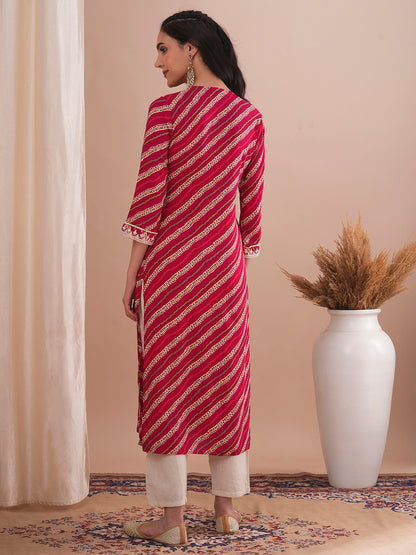 Ethnic Stripes Printed & Embroidered Straight Fit Kurta - Red