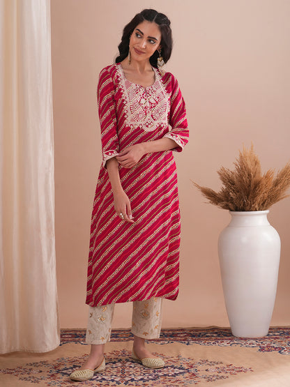 Ethnic Stripes Printed & Embroidered Straight Fit Kurta - Red