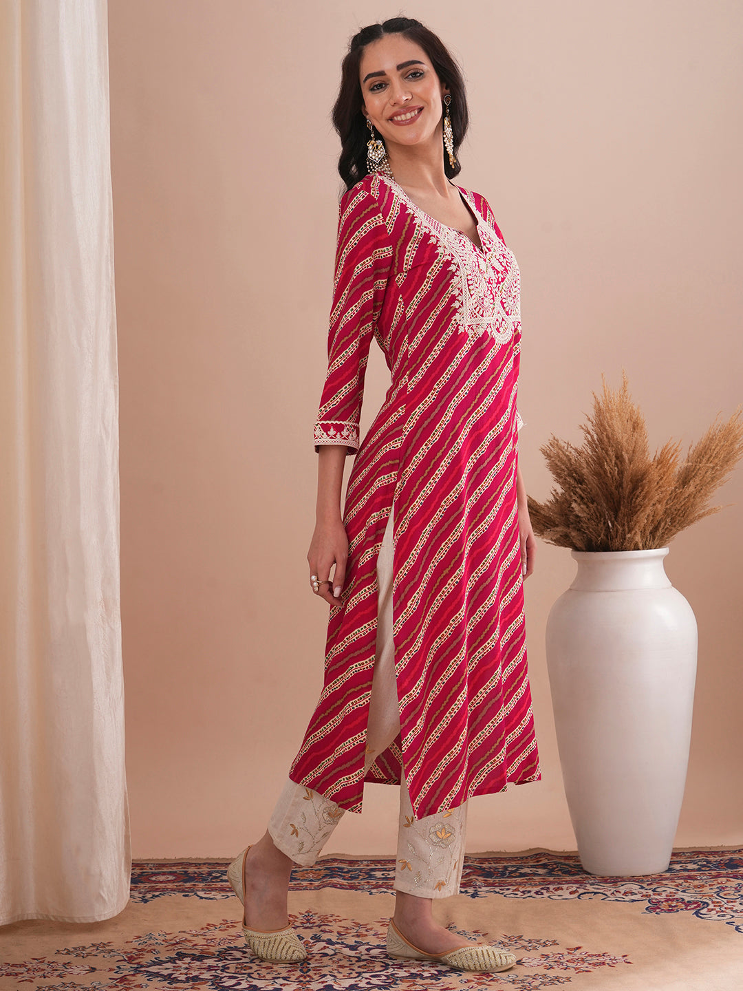 Ethnic Stripes Printed & Embroidered Straight Fit Kurta - Red