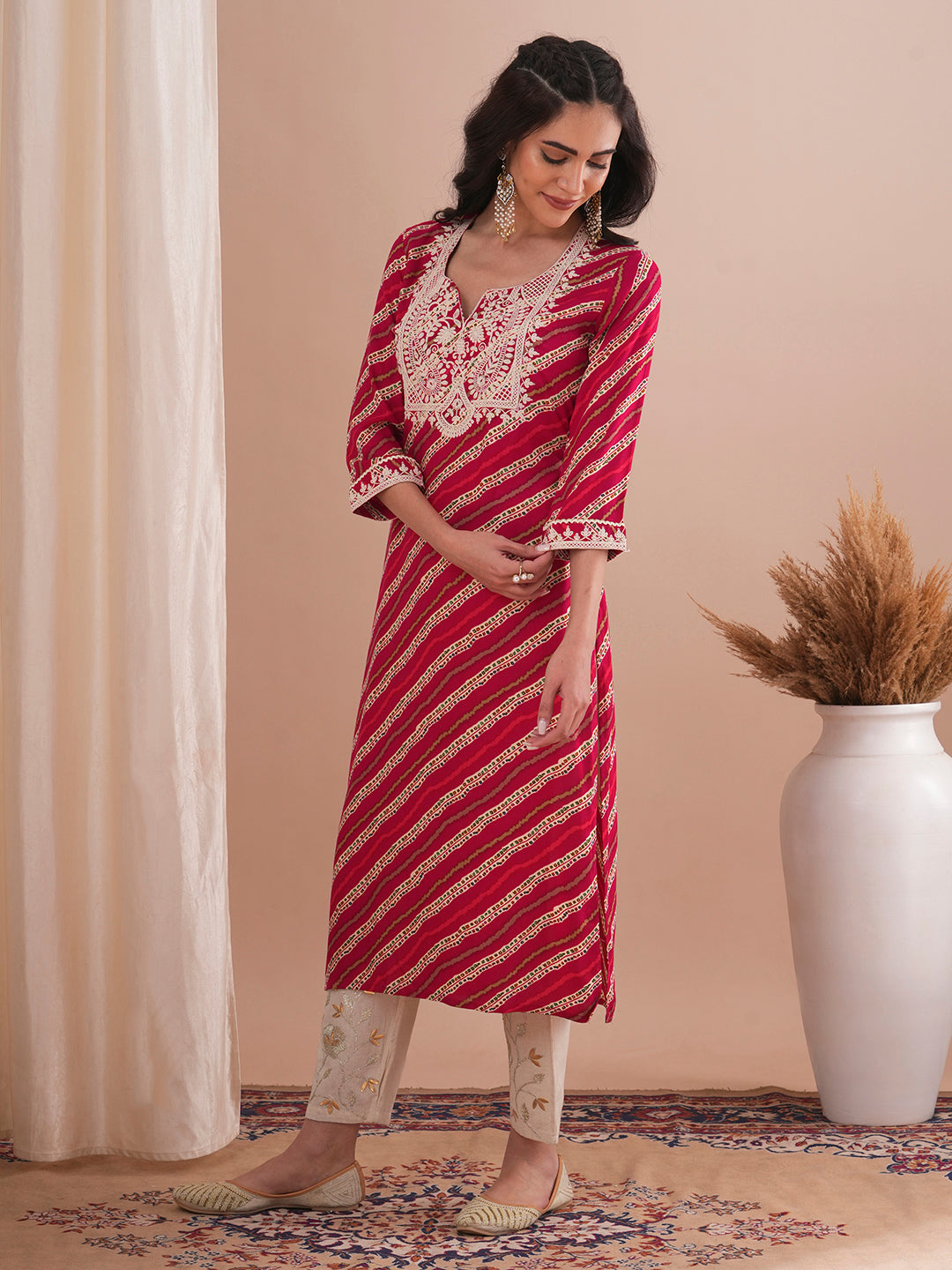 Ethnic Stripes Printed & Embroidered Straight Fit Kurta - Red