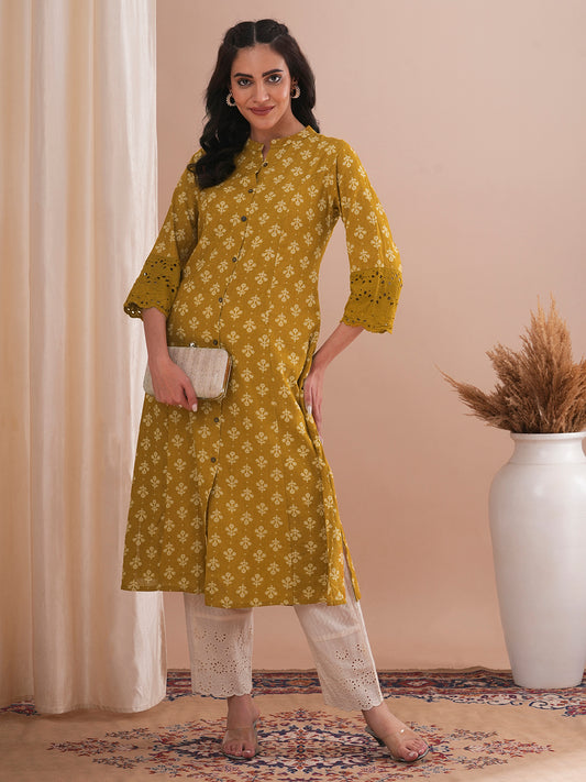 Ethnic Floral Printed A-Line Paneled Schiffli Patched Cotton Flax Kurta - Mustard