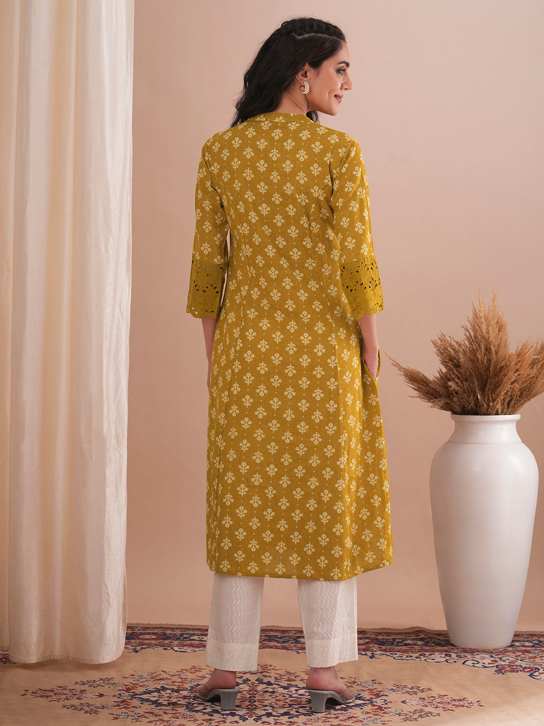 Ethnic Floral Printed A-Line Paneled Schiffli Patched Cotton Flax Kurta - Mustard