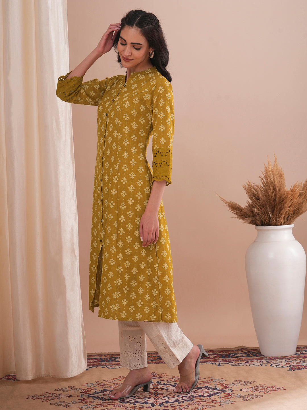 Ethnic Floral Printed A-Line Paneled Schiffli Patched Cotton Flax Kurta - Mustard