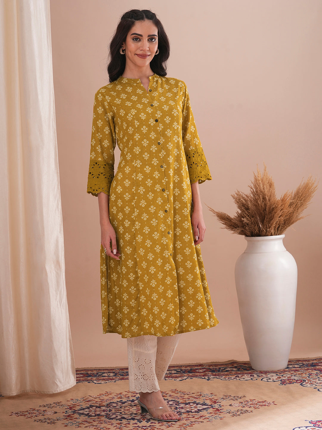 Ethnic Floral Printed A-Line Paneled Schiffli Patched Cotton Flax Kurta - Mustard