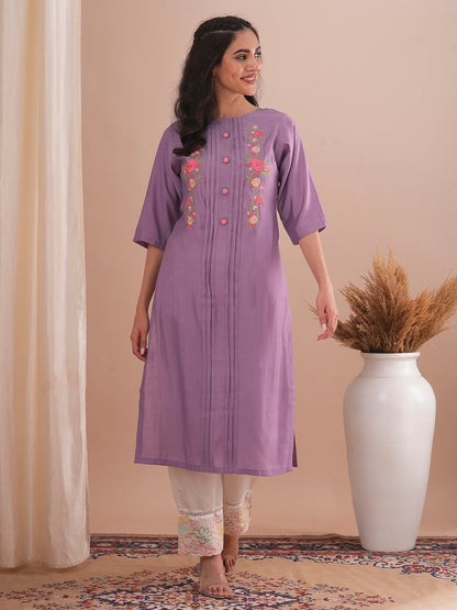 Floral Embroidered Straight Fit Kurta - Purple