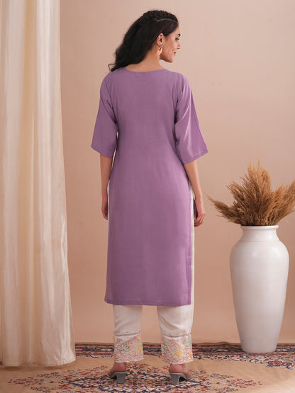 Floral Embroidered Straight Fit Kurta - Purple