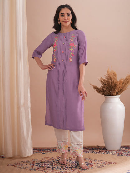 Floral Embroidered Straight Fit Kurta - Purple