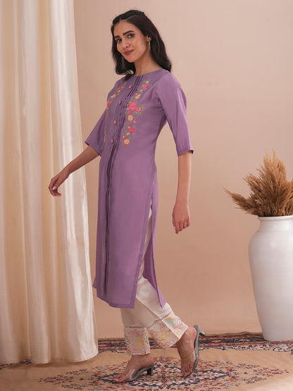 Floral Embroidered Straight Fit Kurta - Purple