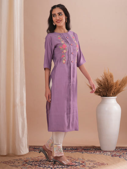 Floral Embroidered Straight Fit Kurta - Purple