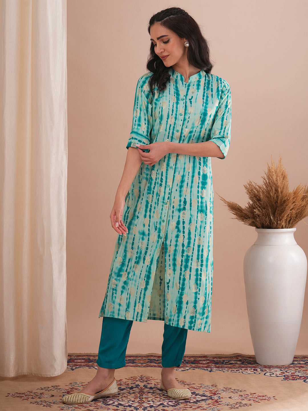 Ethnic Shibori Foil Printed Straight Fit Kurta - Turquoise Blue