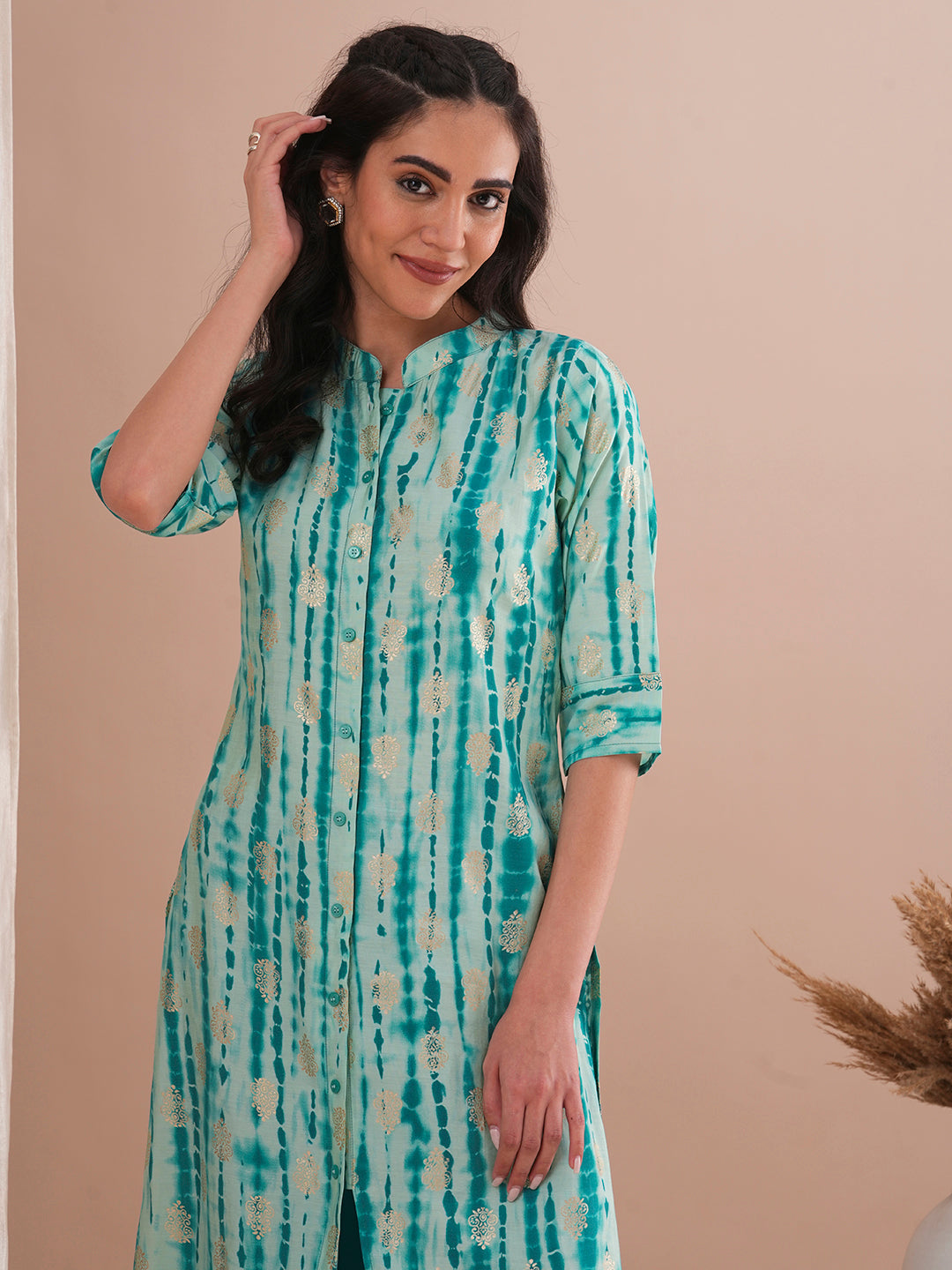 Ethnic Shibori Foil Printed Straight Fit Kurta - Turquoise Blue