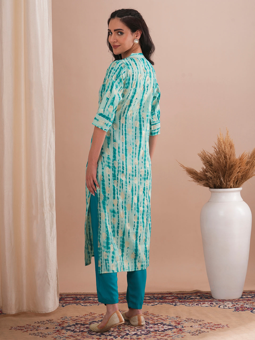 Ethnic Shibori Foil Printed Straight Fit Kurta - Turquoise Blue