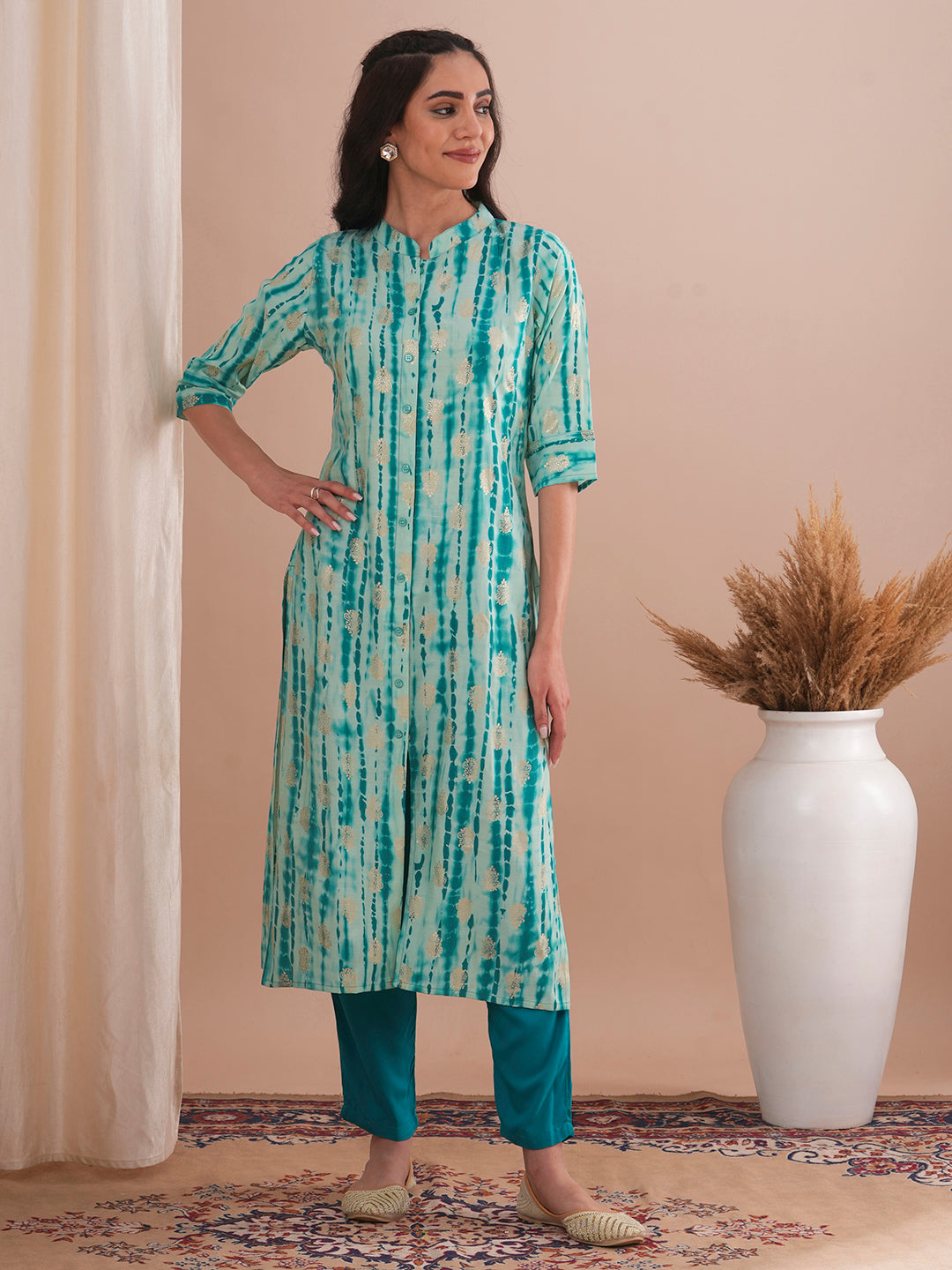 Ethnic Shibori Foil Printed Straight Fit Kurta - Turquoise Blue