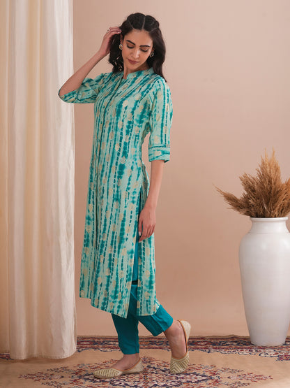 Ethnic Shibori Foil Printed Straight Fit Kurta - Turquoise Blue