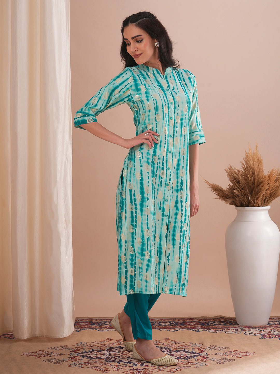 Ethnic Shibori Foil Printed Straight Fit Kurta - Turquoise Blue