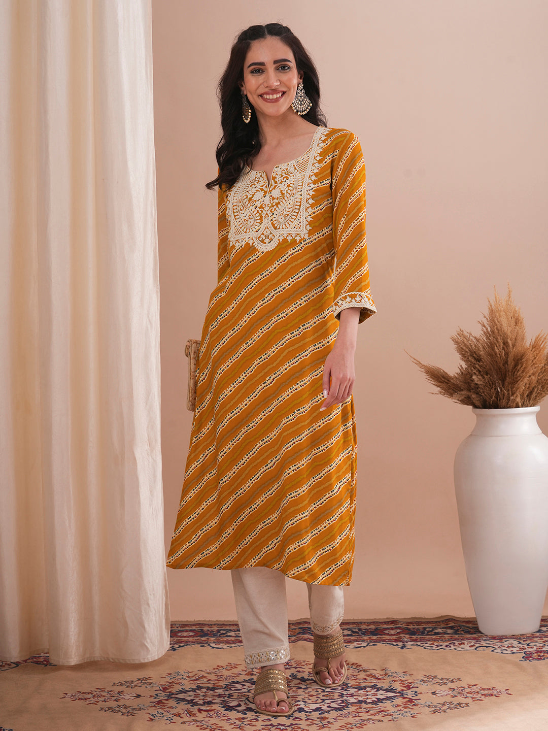 Ethnic Stripes Printed & Embroidered Straight Fit Kurta - Mustard