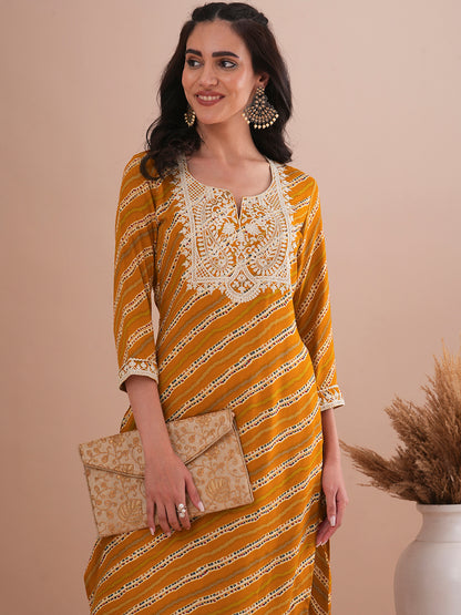 Ethnic Stripes Printed & Embroidered Straight Fit Kurta - Mustard