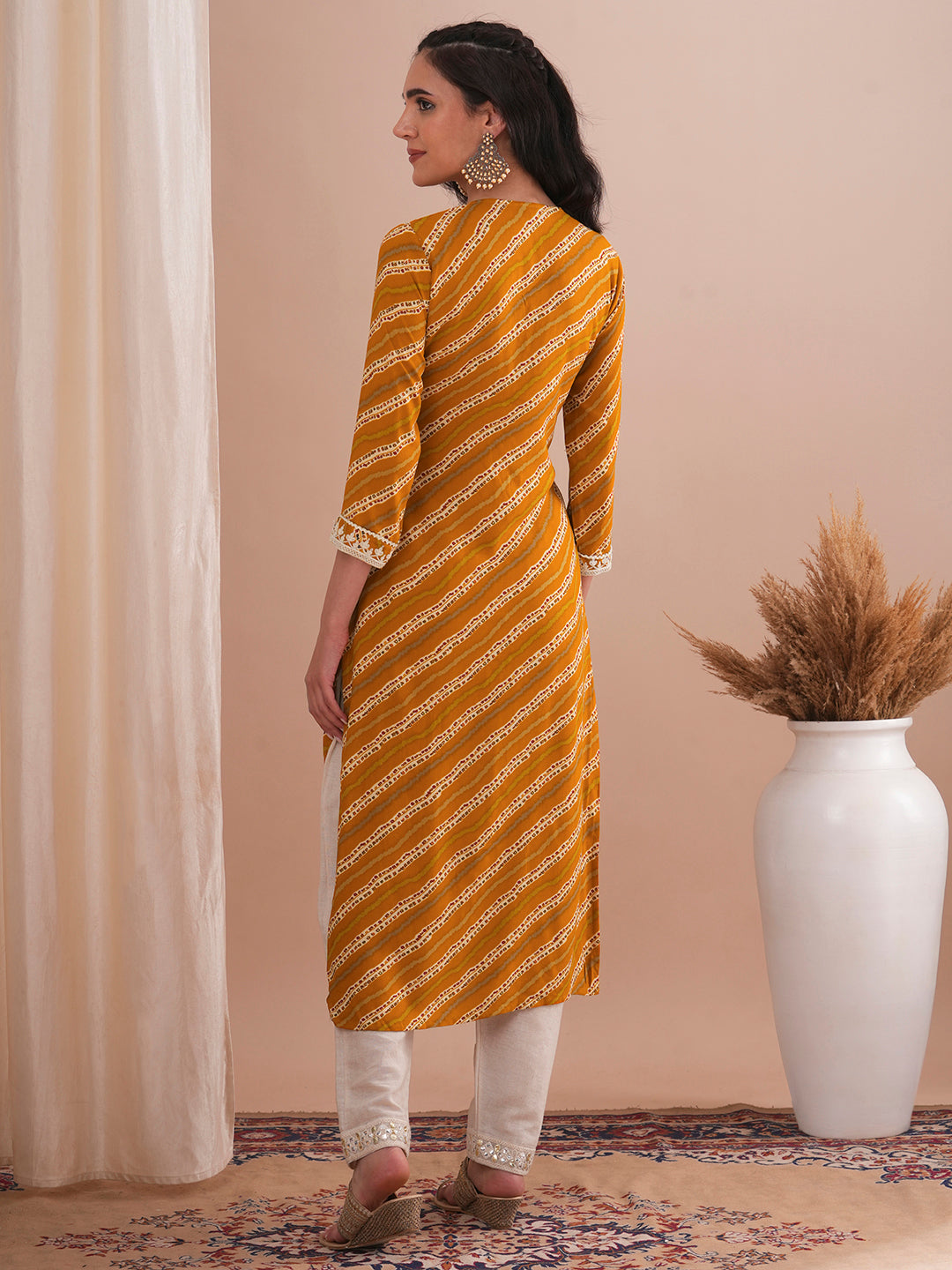 Ethnic Stripes Printed & Embroidered Straight Fit Kurta - Mustard