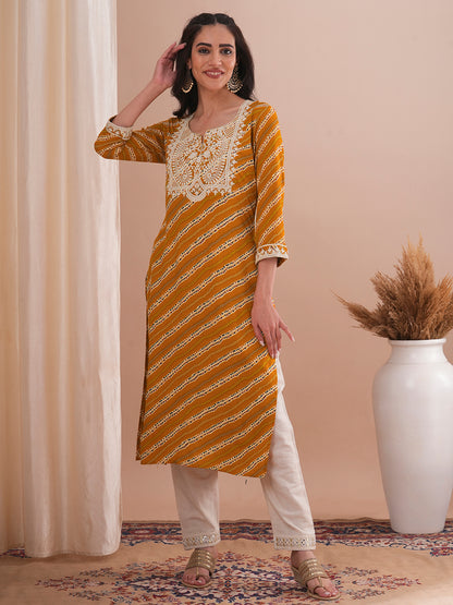 Ethnic Stripes Printed & Embroidered Straight Fit Kurta - Mustard