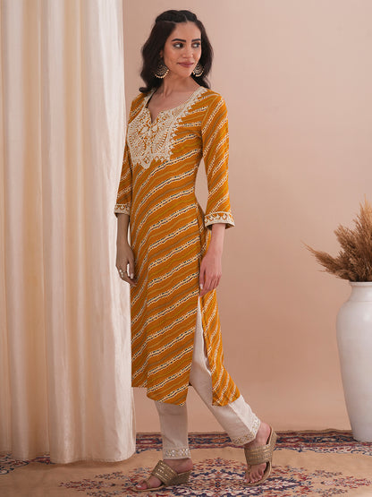 Ethnic Stripes Printed & Embroidered Straight Fit Kurta - Mustard