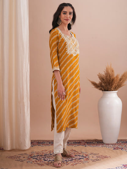 Ethnic Stripes Printed & Embroidered Straight Fit Kurta - Mustard