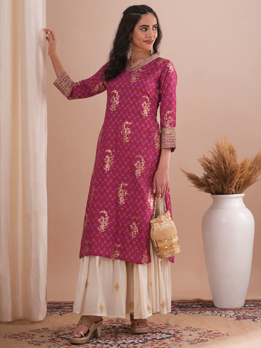 Ethnic Floral Foil Printed & Embroidered Straight Fit Kurta - Mauve