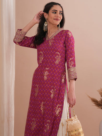 Ethnic Floral Foil Printed & Embroidered Straight Fit Kurta - Mauve