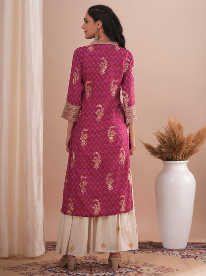 Ethnic Floral Foil Printed & Embroidered Straight Fit Kurta - Mauve