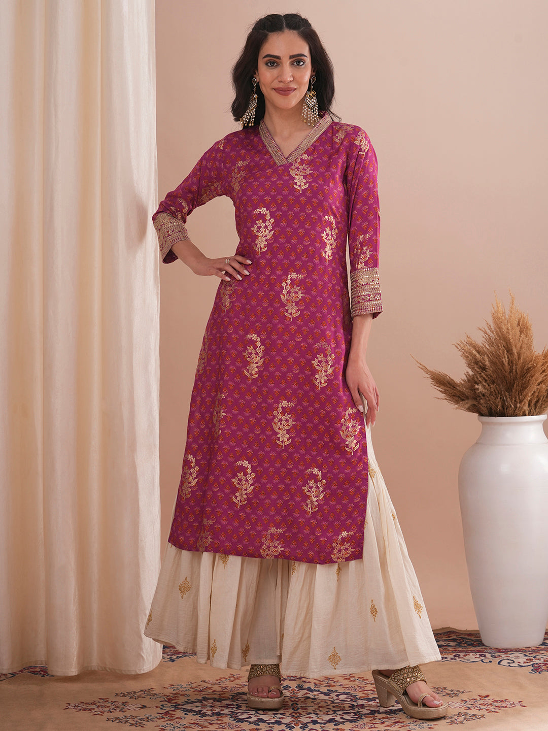 Ethnic Floral Foil Printed & Embroidered Straight Fit Kurta - Mauve