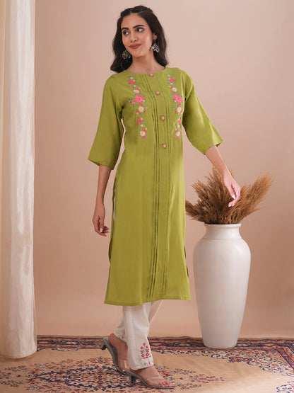 Floral Embroidered Straight Fit Kurta - Green