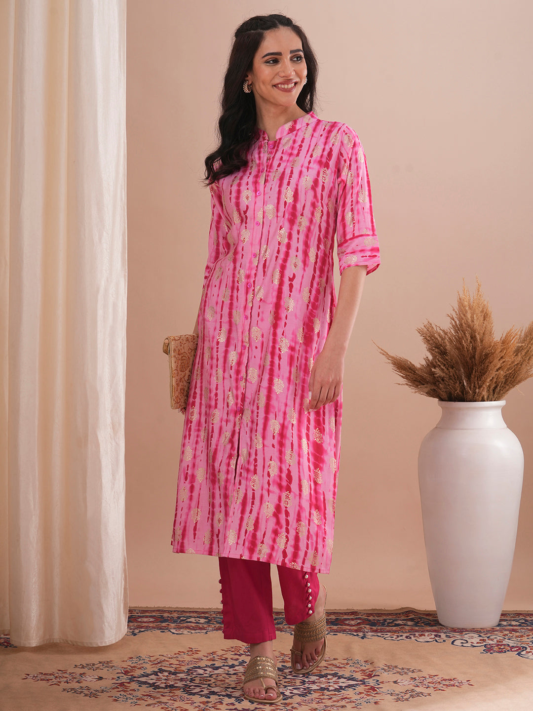 Ethnic Shibori Foil Printed Straight Fit Kurta - Pink