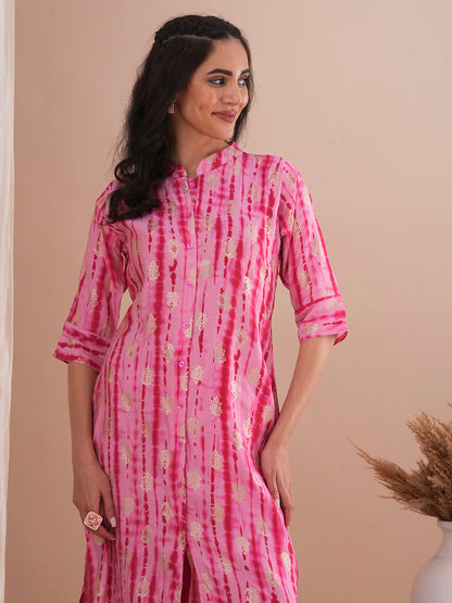 Ethnic Shibori Foil Printed Straight Fit Kurta - Pink