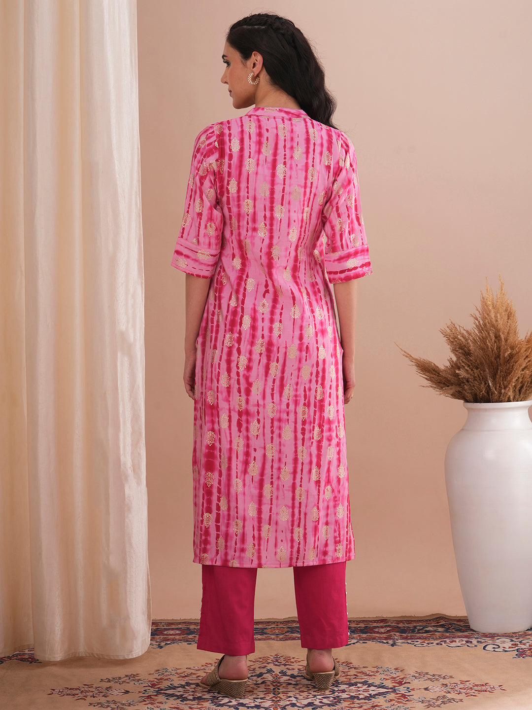 Ethnic Shibori Foil Printed Straight Fit Kurta - Pink