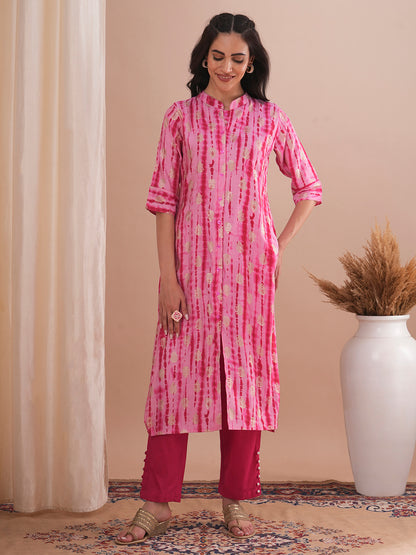 Ethnic Shibori Foil Printed Straight Fit Kurta - Pink