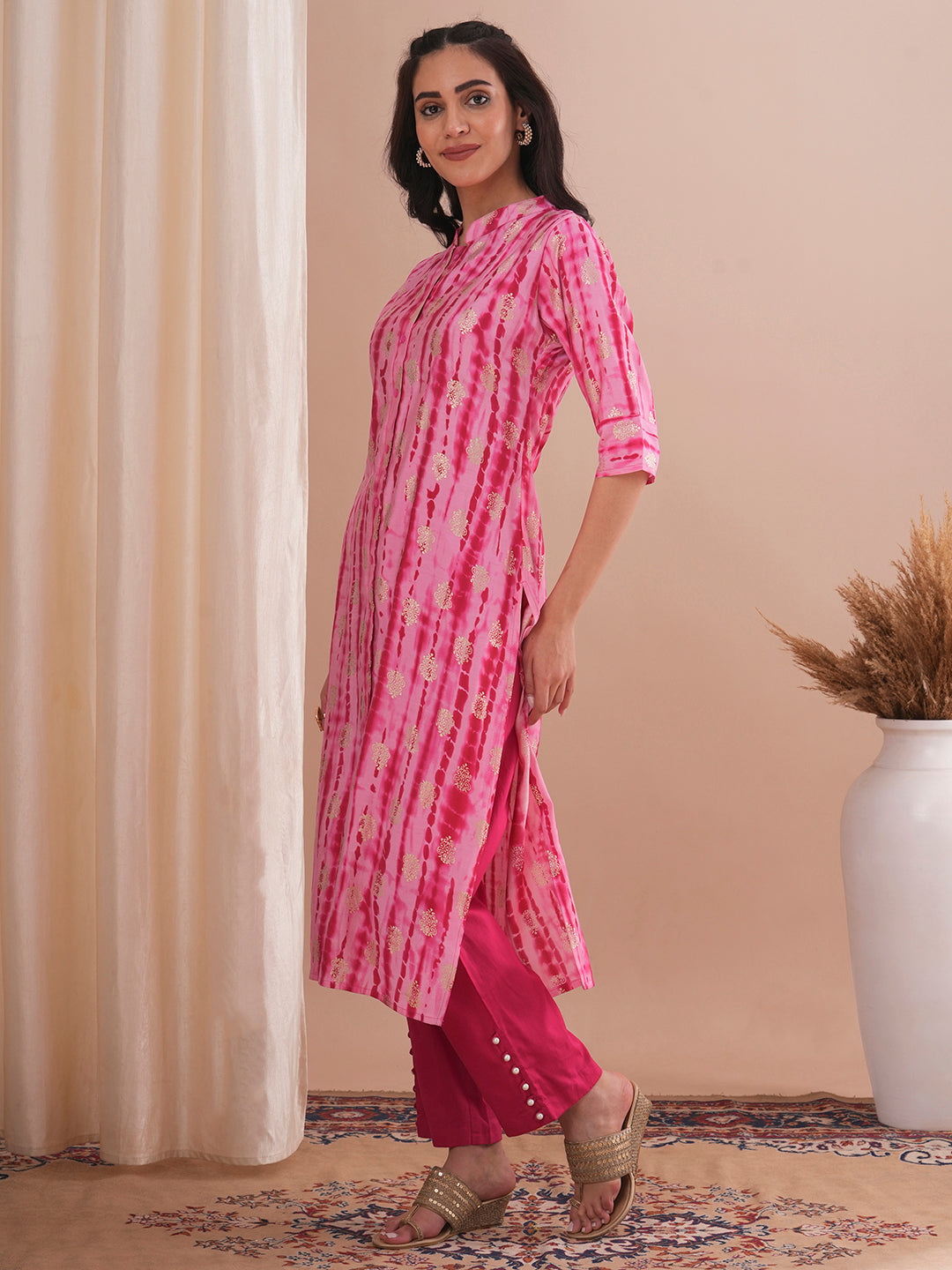 Ethnic Shibori Foil Printed Straight Fit Kurta - Pink