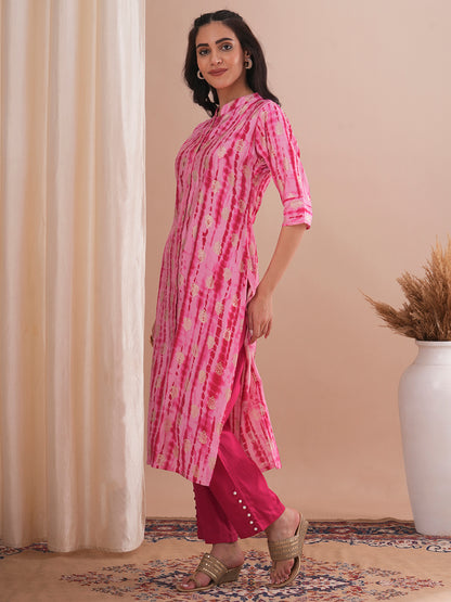 Ethnic Shibori Foil Printed Straight Fit Kurta - Pink