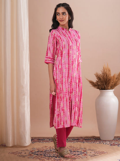 Ethnic Shibori Foil Printed Straight Fit Kurta - Pink