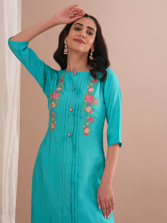 Solid Floral Embroidered Straight Fit Kurta - Turquoise Blue