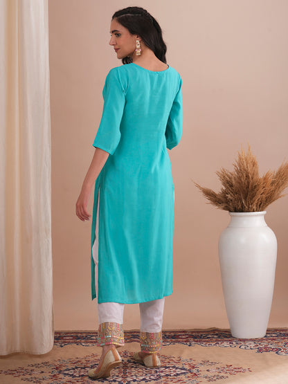 Solid Floral Embroidered Straight Fit Kurta - Turquoise Blue