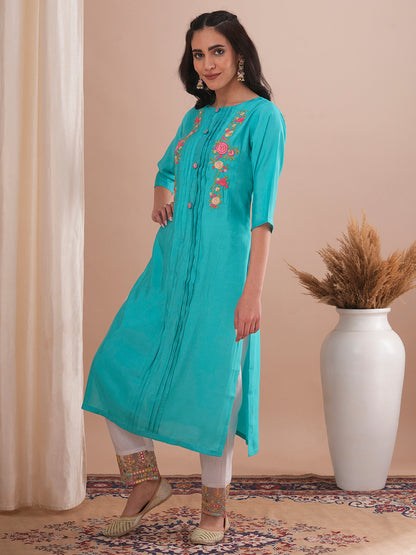 Solid Floral Embroidered Straight Fit Kurta - Turquoise Blue