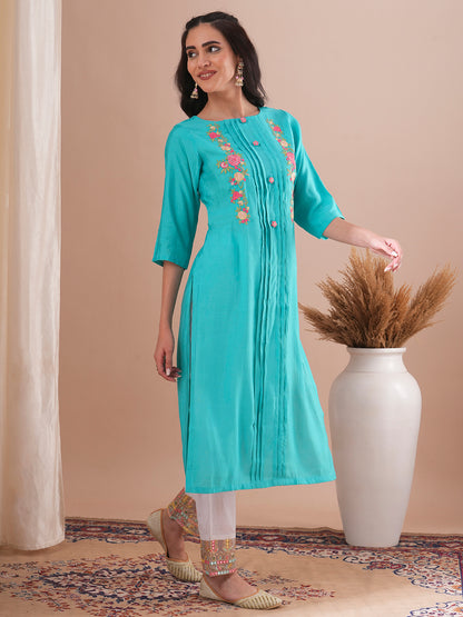 Solid Floral Embroidered Straight Fit Kurta - Turquoise Blue