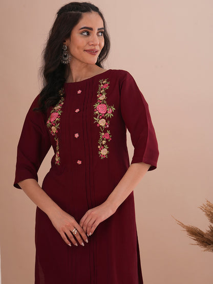 Floral Embroidered Straight Fit Kurta - Maroon